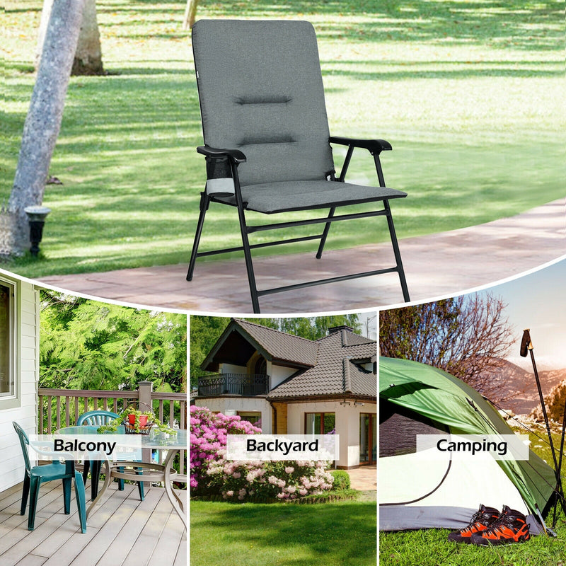 Patio Folding Padded Chair with High Backrest and Cup Holder-Gray