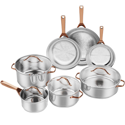 11 Pieces Stainless Steel Kitchen Cookware Set with Gold Stay-Cool Handles