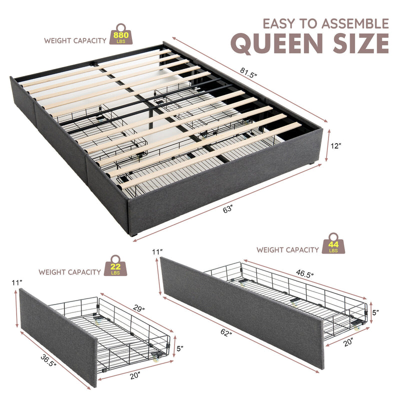 Upholstered Platform Bed Frame with 3 Storage Drawers-Queen Size