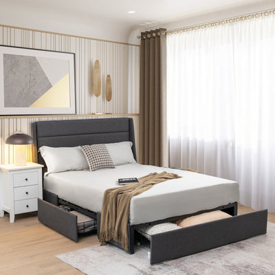 Upholstered Platform Bed Frame with 3 Storage Drawers-Queen Size