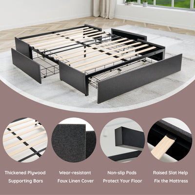 Upholstered Platform Bed Frame with 3 Storage Drawers-Queen Size