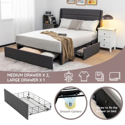 Upholstered Platform Bed Frame with 3 Storage Drawers-Queen Size