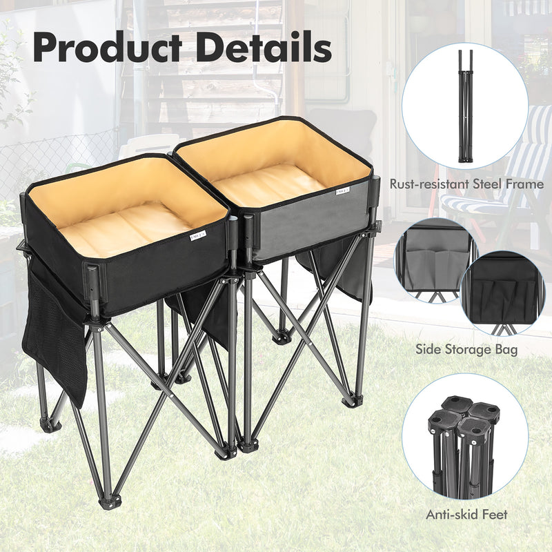 2 Pieces Folding Camping Tables with Large Capacity Storage Sink for Picnic-Black