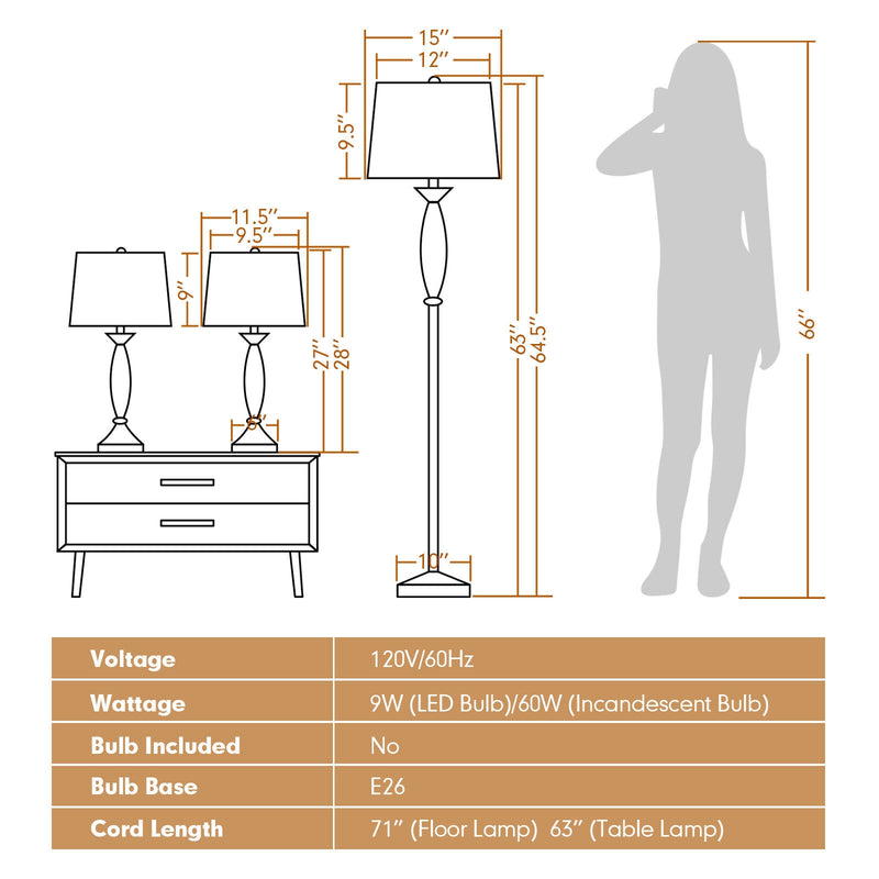 3-Piece Modern Nickel Finish Lamp Set-Silver