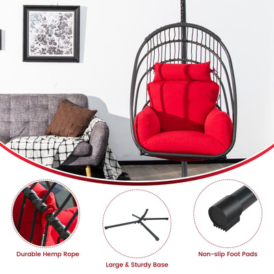 Hanging Folding Egg Chair with Stand Soft Cushion Pillow Swing Hammock-Red