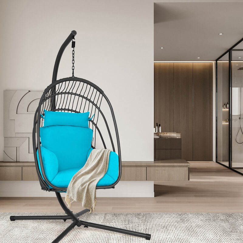 Hanging Folding Egg Chair with Stand Soft Cushion Pillow Swing Hammock-Turquoise