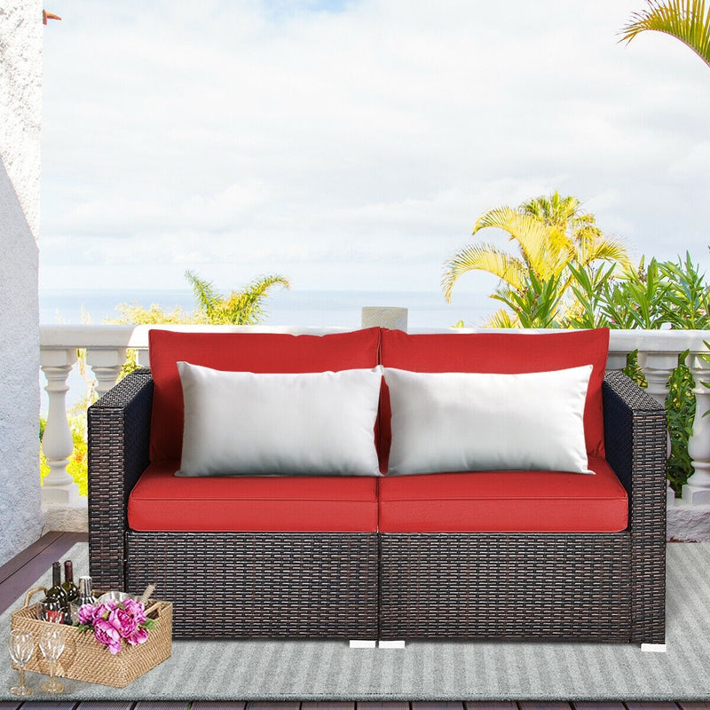 2 Pieces Patio Rattan Sectional Conversation Sofa Set-Red