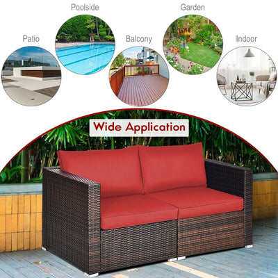 2 Pieces Patio Rattan Sectional Conversation Sofa Set-Red