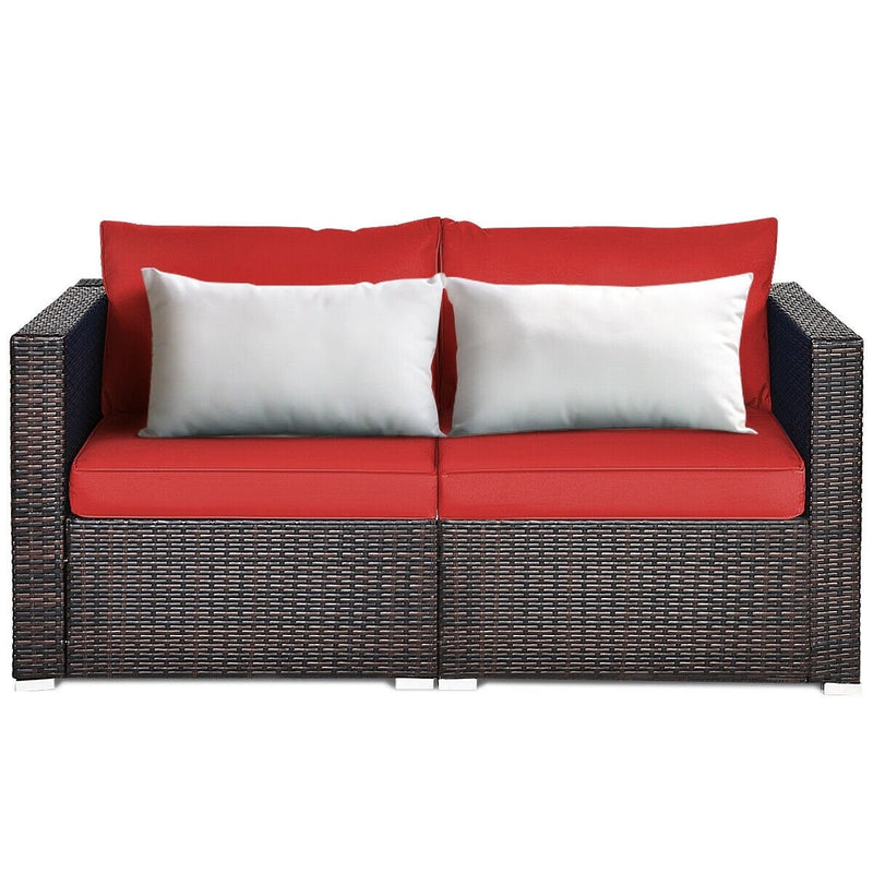 2 Pieces Patio Rattan Sectional Conversation Sofa Set-Red