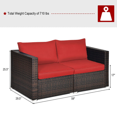 2 Pieces Patio Rattan Sectional Conversation Sofa Set-Red