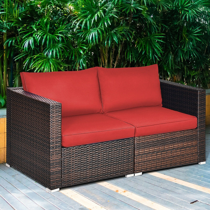 2 Pieces Patio Rattan Sectional Conversation Sofa Set-Red