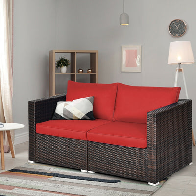 2 Pieces Patio Rattan Sectional Conversation Sofa Set-Red