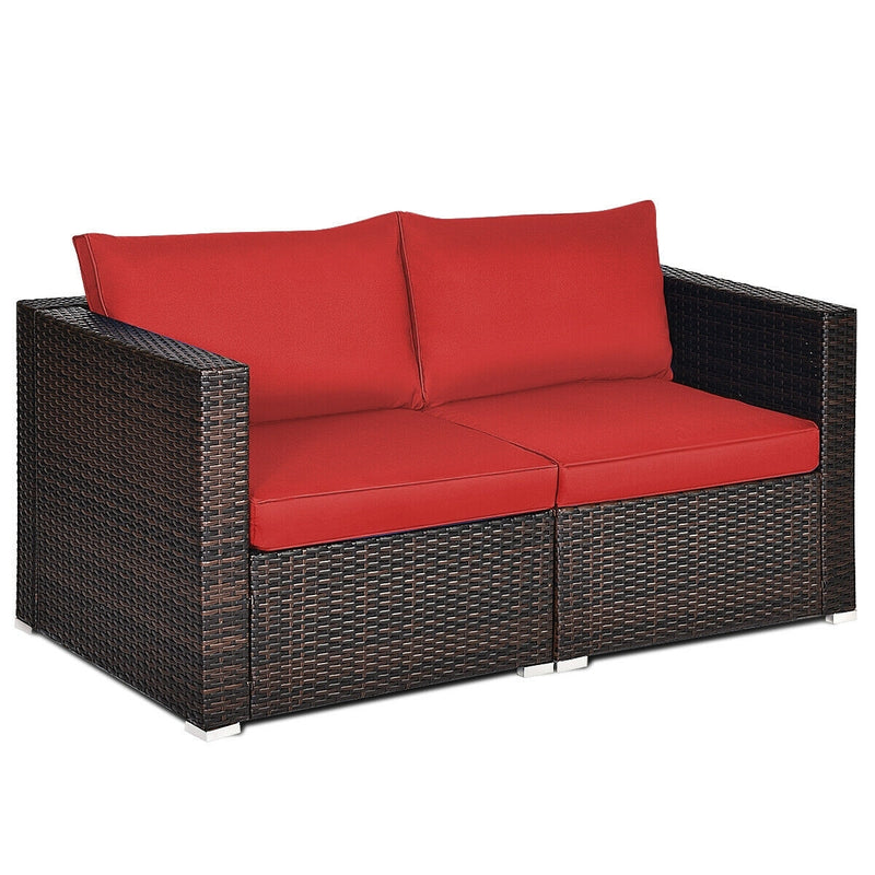 2 Pieces Patio Rattan Sectional Conversation Sofa Set-Red