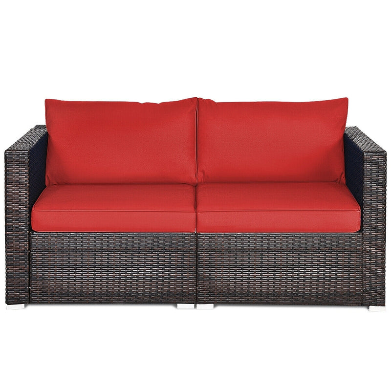 2 Pieces Patio Rattan Sectional Conversation Sofa Set-Red