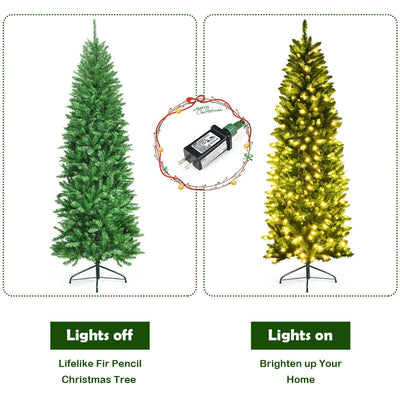 7 Feet PVC Hinged Pre-lit Artificial Fir Pencil Christmas Tree with 150 Lights-7 ft