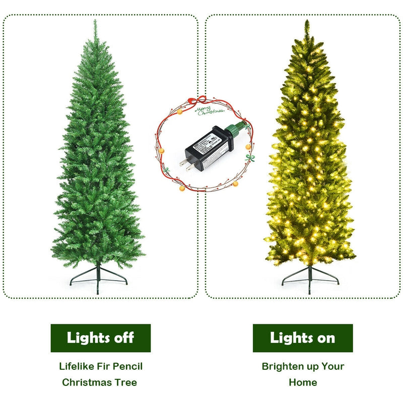 7 Feet PVC Hinged Pre-lit Artificial Fir Pencil Christmas Tree with 150 Lights-7 ft