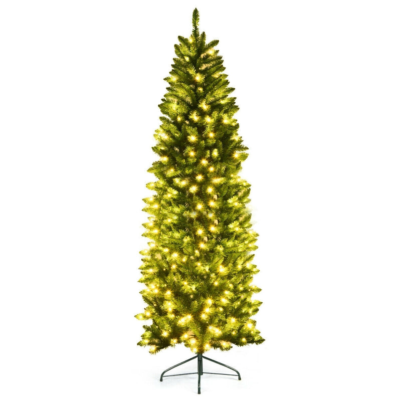 7 Feet PVC Hinged Pre-lit Artificial Fir Pencil Christmas Tree with 150 Lights-7 ft