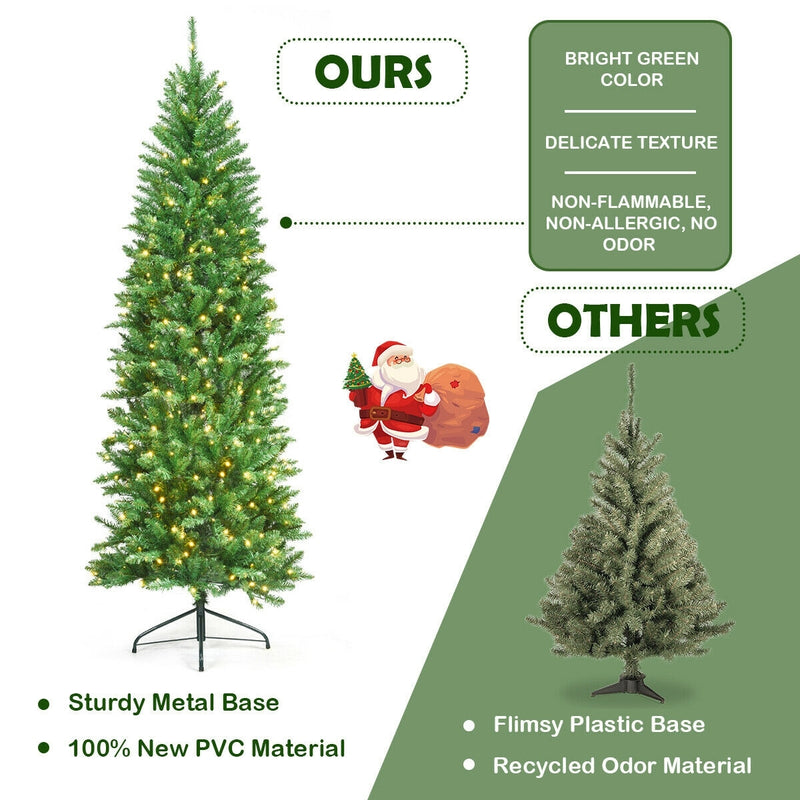 7 Feet PVC Hinged Pre-lit Artificial Fir Pencil Christmas Tree with 150 Lights-7 ft