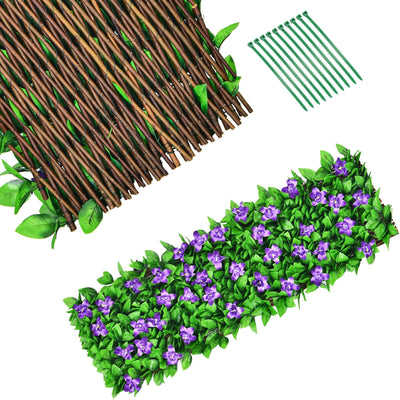 4 Pieces Expandable Faux Ivy Privacy Screen Fence Panel Pack with Flower-Purple