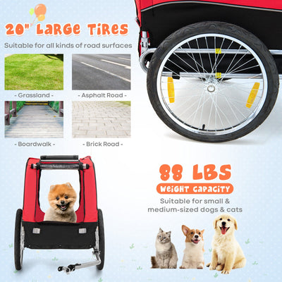 Dog Bike Trailer Foldable Pet Cart with 3 Entrances for Travel-Red