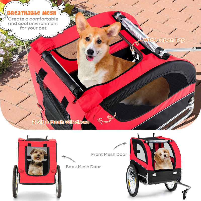 Dog Bike Trailer Foldable Pet Cart with 3 Entrances for Travel-Red