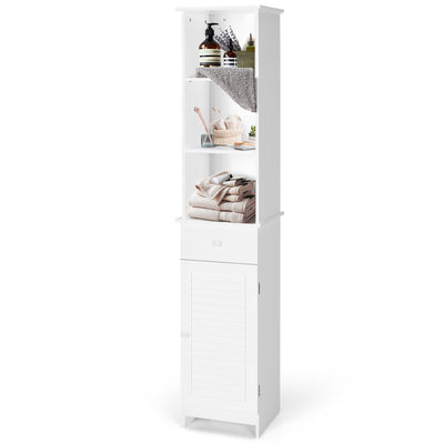 Bathroom Tall Freestanding Storage Cabinet with Open Shelves and Drawer-White