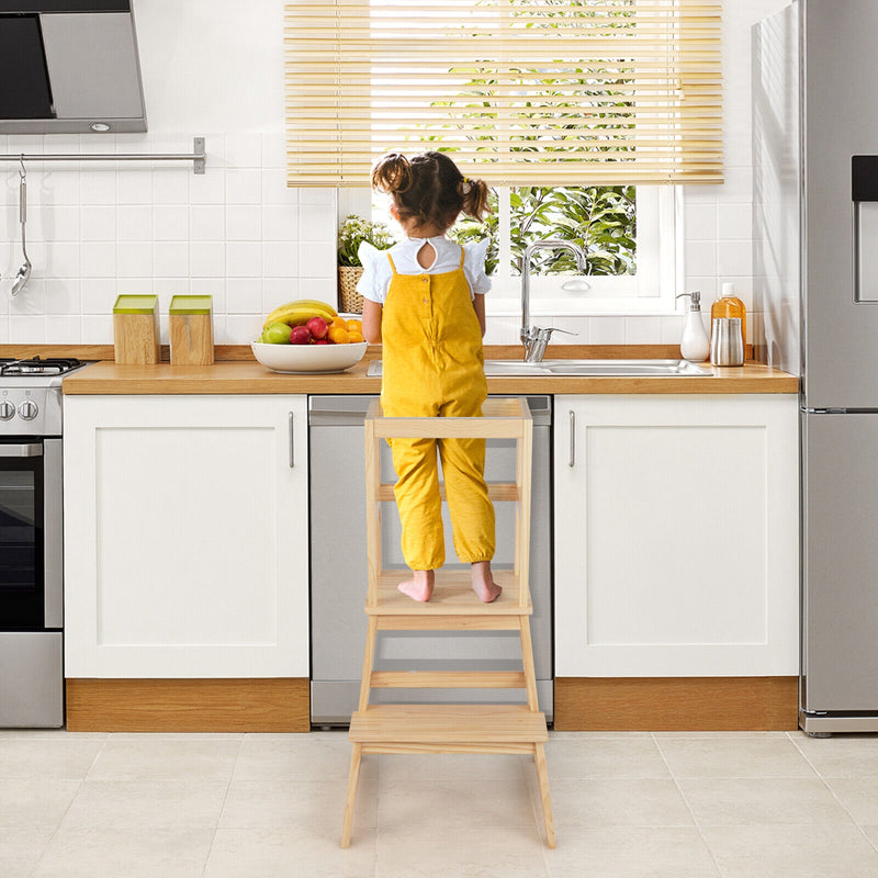 2-in-1 Multifunctional Toddler Step Stool with Safety Rail-Natural