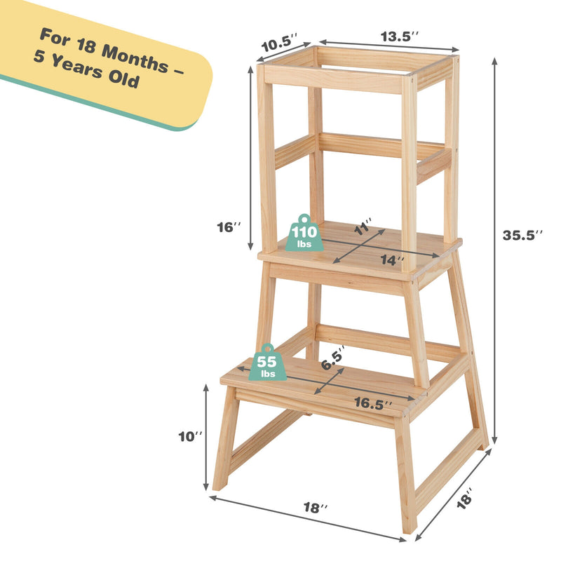 2-in-1 Multifunctional Toddler Step Stool with Safety Rail-Natural