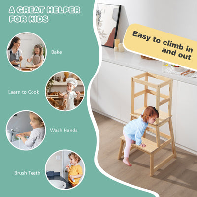 2-in-1 Multifunctional Toddler Step Stool with Safety Rail-Natural