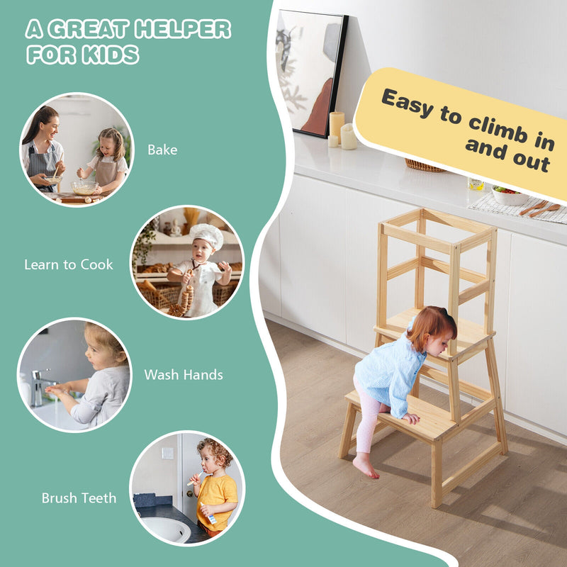 2-in-1 Multifunctional Toddler Step Stool with Safety Rail-Natural