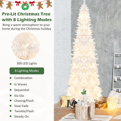 7 Feet Pre-Lit Hinged Pencil Christmas Tree White with 300 LED Lights and 8 Flash Modes