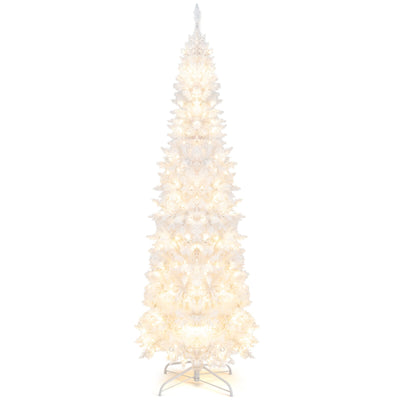 7 Feet Pre-Lit Hinged Pencil Christmas Tree White with 300 LED Lights and 8 Flash Modes