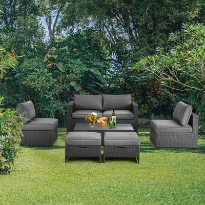 6 Pieces Patio Rattan Furniture Set Space Saving Cushioned No Assembly-Gray