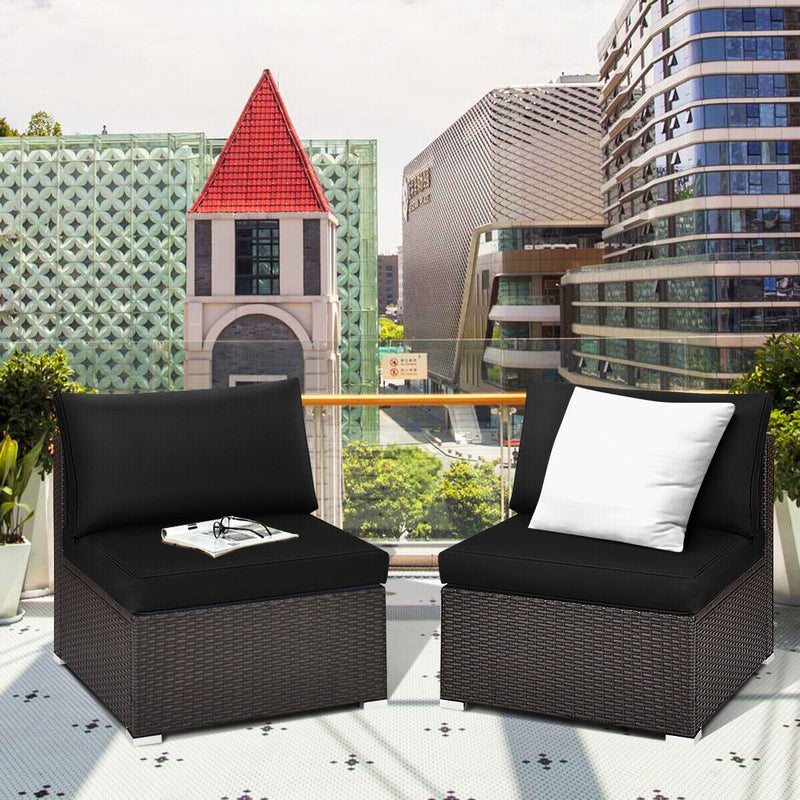 2 Pieces Patio Rattan Armless Sofa Set with 2 Cushions and 2 Pillows-Black