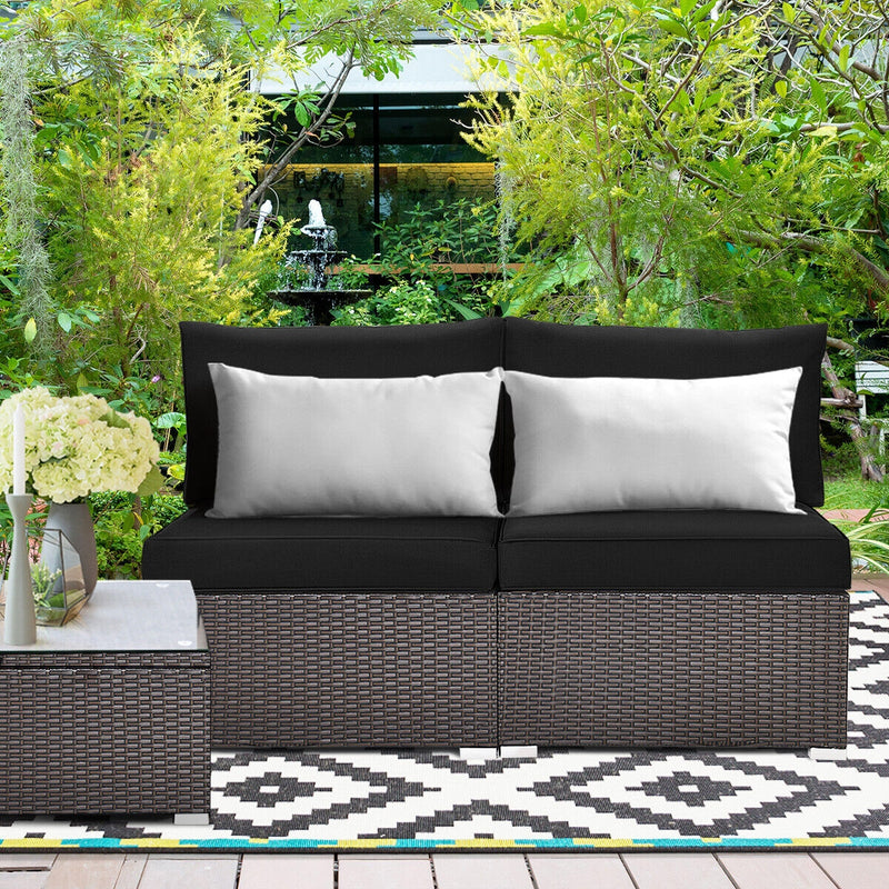 2 Pieces Patio Rattan Armless Sofa Set with 2 Cushions and 2 Pillows-Black