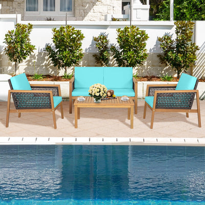 4 Pieces Patio Rattan Furniture Set with Removable Cushions-Turquoise