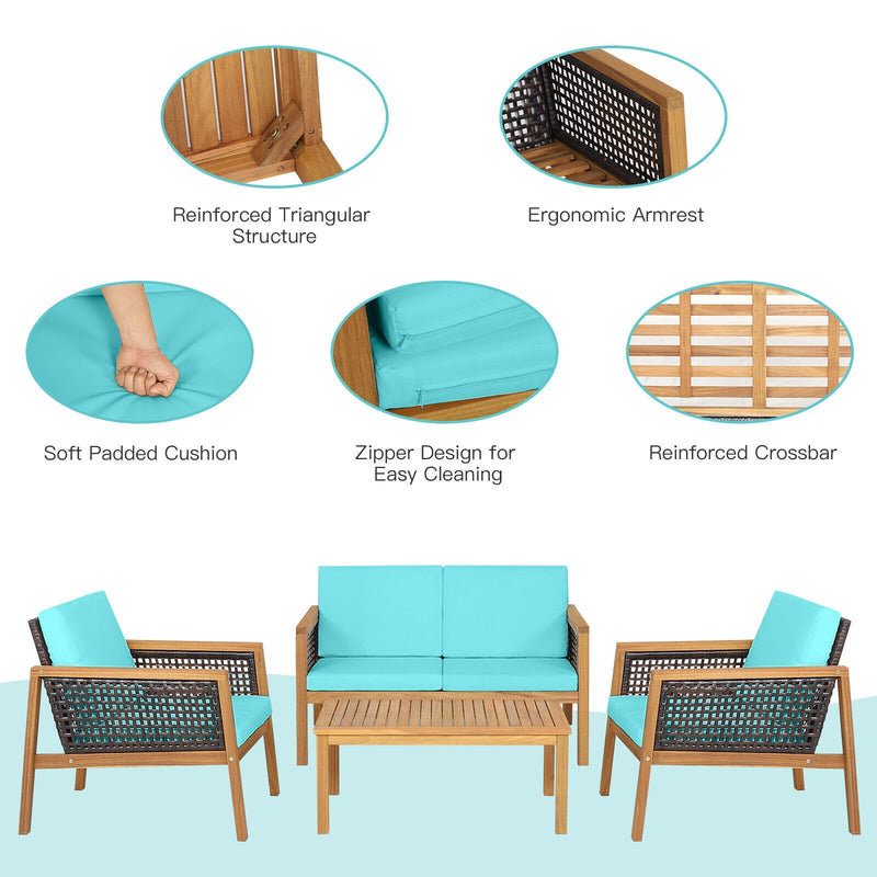 4 Pieces Patio Rattan Furniture Set with Removable Cushions-Turquoise