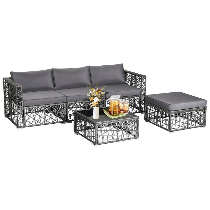 5 Pieces Patio PE Rattan Wicker Sofa Furniture Set-Gray