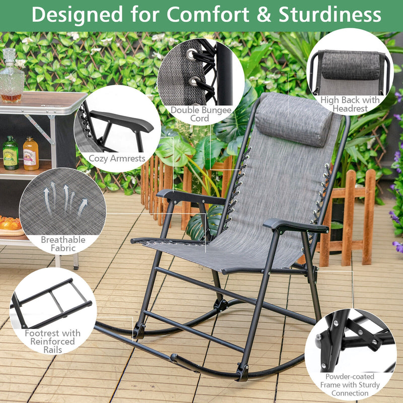 Outdoor Patio Camping Lightweight Folding Rocking Chair with Footrest -Gray