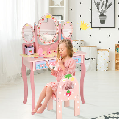 Kids Vanity Princess Makeup Dressing Table Chair Set with Tri-fold Mirror-Pink