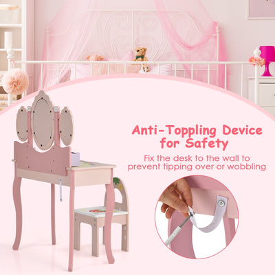 Kids Vanity Princess Makeup Dressing Table Chair Set with Tri-fold Mirror-Pink