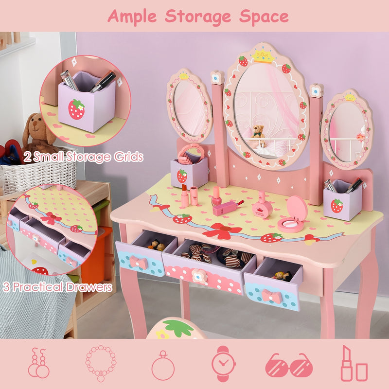 Kids Vanity Princess Makeup Dressing Table Chair Set with Tri-fold Mirror-Pink