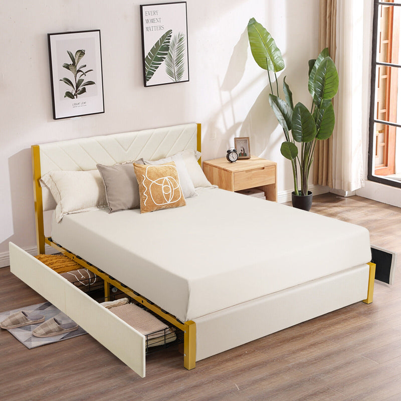 Full Size/Queen Size Upholstered Bed Frame with Adjustable Headboard and 4 Drawers-Full Size