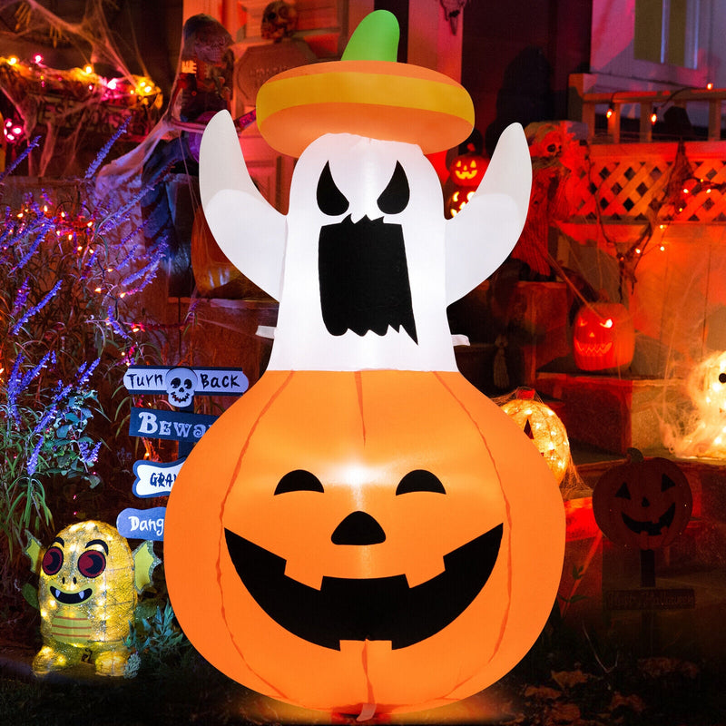 Inflatable Halloween Ghost Decoration with Hat and Pumpkin Lantern