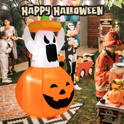 Inflatable Halloween Ghost Decoration with Hat and Pumpkin Lantern