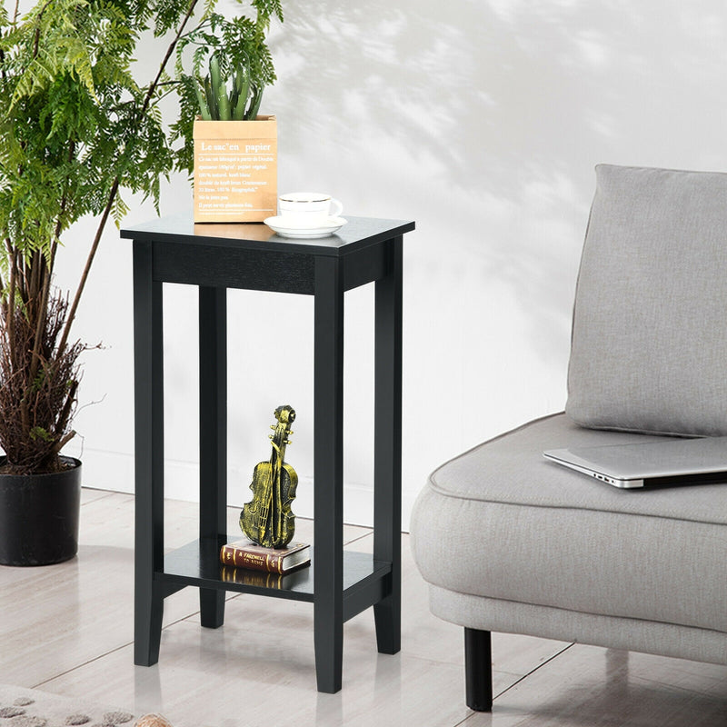 2-Tier Nightstand End Side Wooden Legs Table for Bedroom-Black