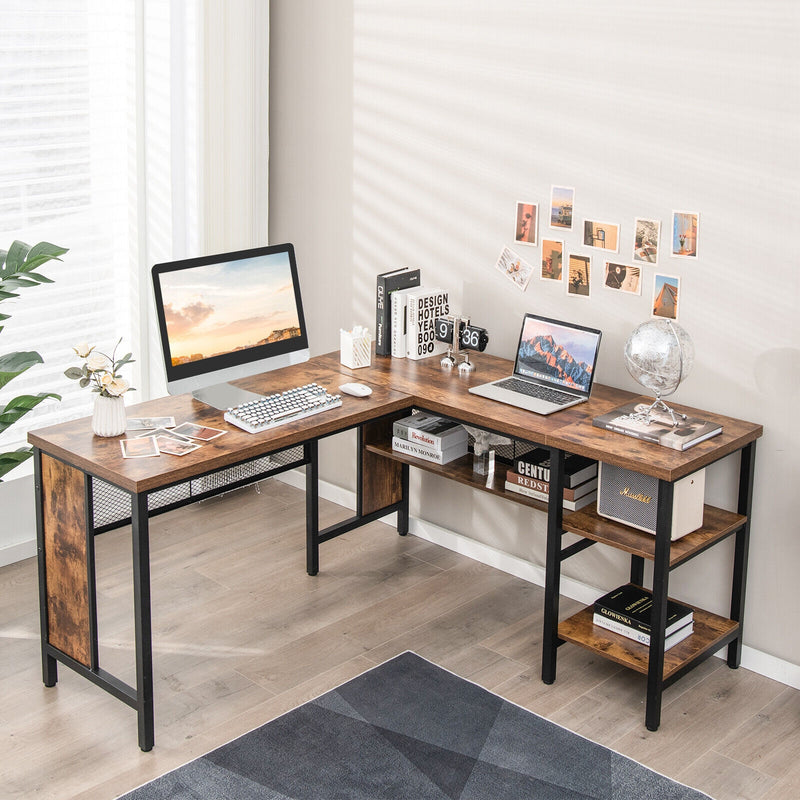 Industrial L-Shaped Corner Computer Desk Office Workstation with Storage Shelves-Rustic Brown