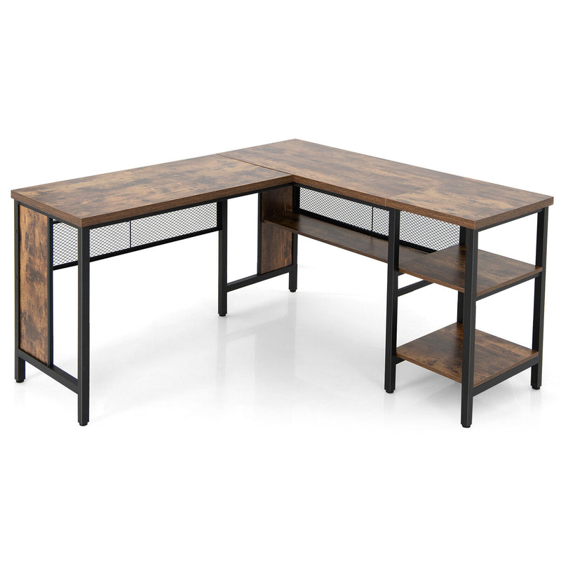 Industrial L-Shaped Corner Computer Desk Office Workstation with Storage Shelves-Rustic Brown