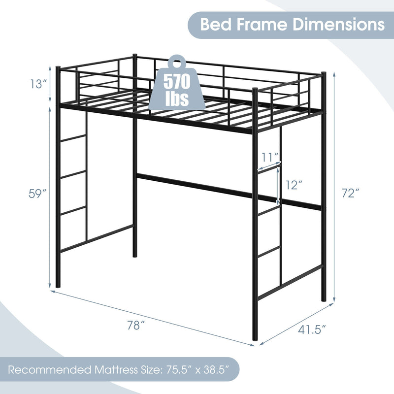 Twin Size Space-saving Metal Loft Bed with Full-Length Guardrail and 2 Ladders-Black