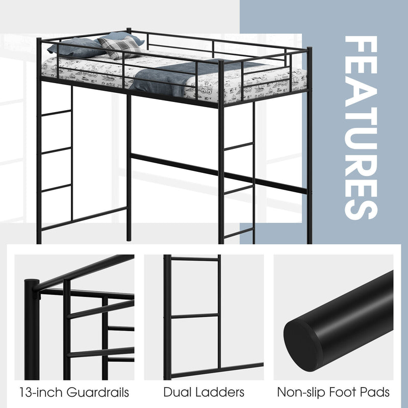 Twin Size Space-saving Metal Loft Bed with Full-Length Guardrail and 2 Ladders-Black